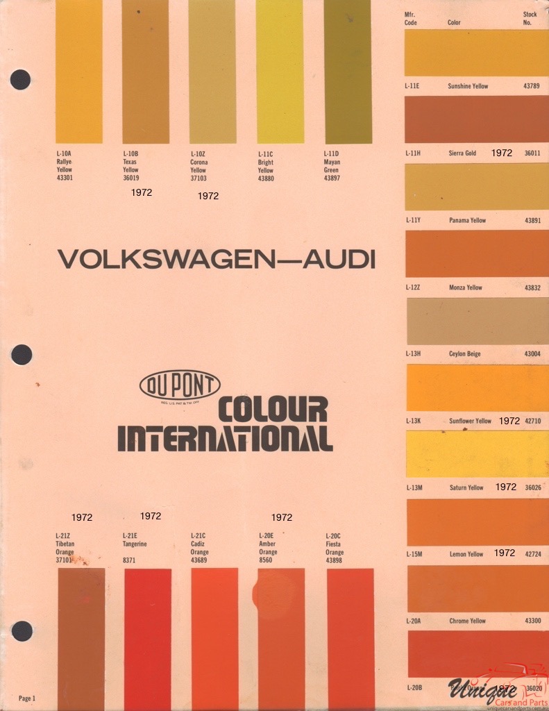 1972 Volkswagen International Paint Charts DuPont 1